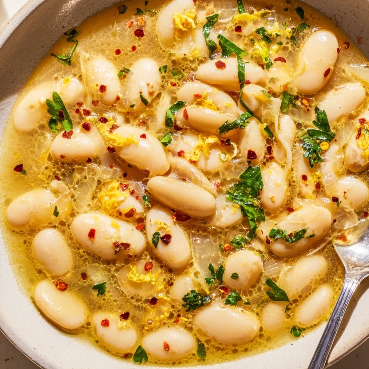 Golden brothy beans with miso butter base served in rustic white ceramic bowl