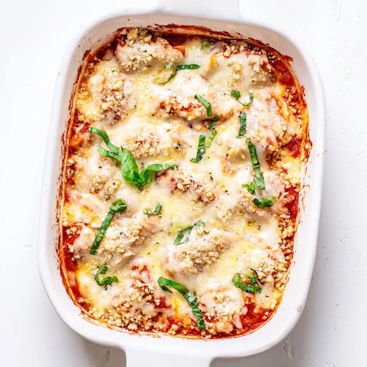 Golden bubbly keto chicken Parmesan casserole with melted mozzarella and fresh basil garnish