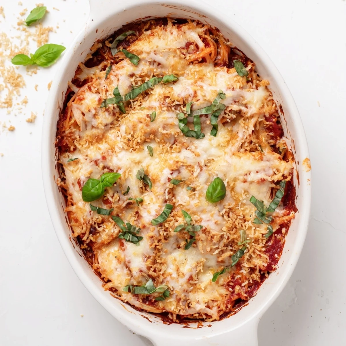 Comforting keto chicken Parmesan casserole baked to golden perfection with marinara and melted cheeses
