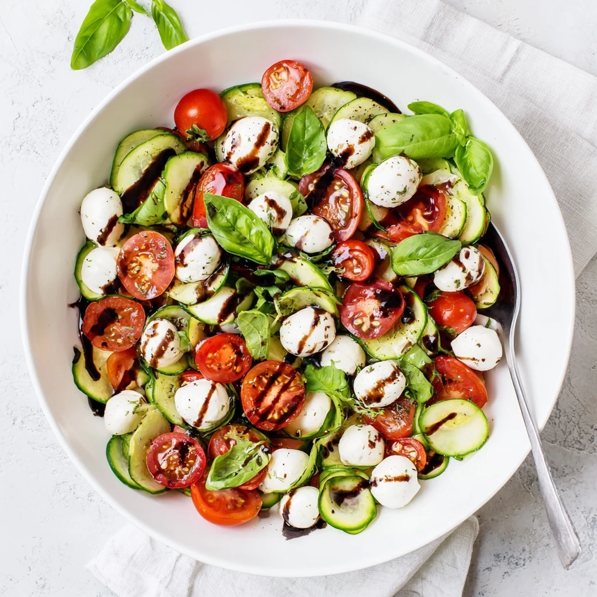 Fresh cucumber Caprese salad bowl with cherry tomatoes, mozzarella balls, and drizzled balsamic glaze