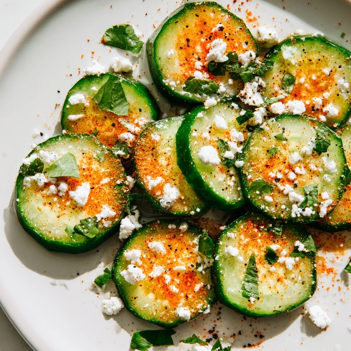 Bowl of Mexican style cucumbers sprinkled with Tajín seasoning, fresh cilantro, and crumbled cotija cheese