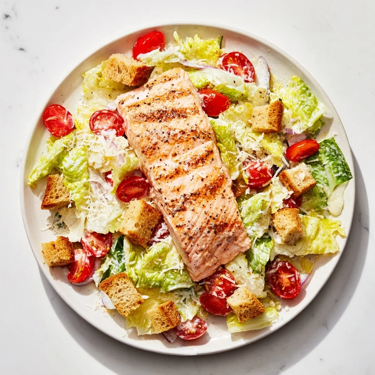 Golden grilled salmon fillet resting on crisp romaine Caesar salad with cherry tomatoes and croutons