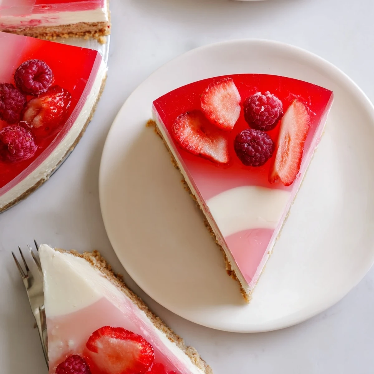 Creamy no bake Greek yogurt Jello cheesecake slice topped with vibrant red gelatin layer on graham cracker crust