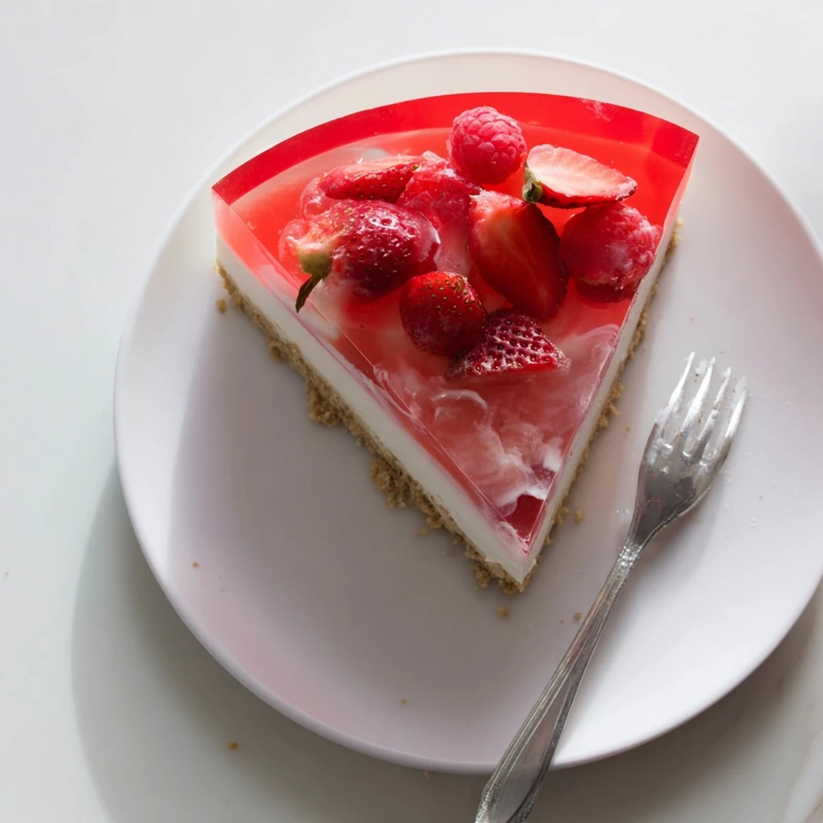 Square of no bake Greek yogurt Jello cheesecake showing smooth cream cheese filling beneath translucent fruit topping