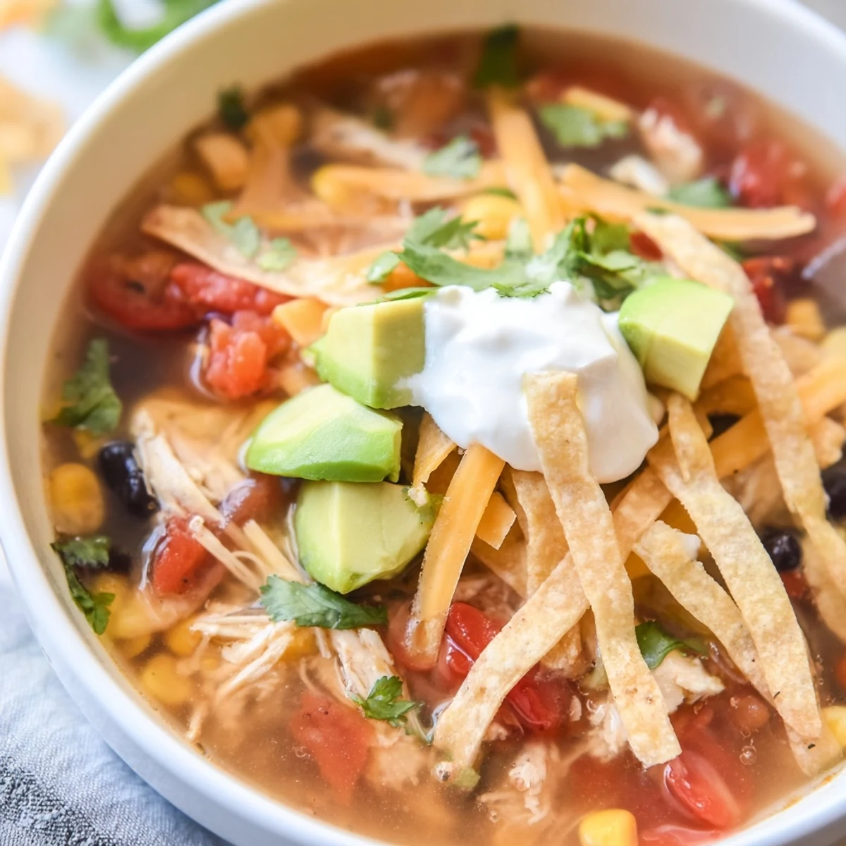 Steaming bowl of classic chicken tortilla soup topped with crispy golden tortilla strips and fresh cilantro