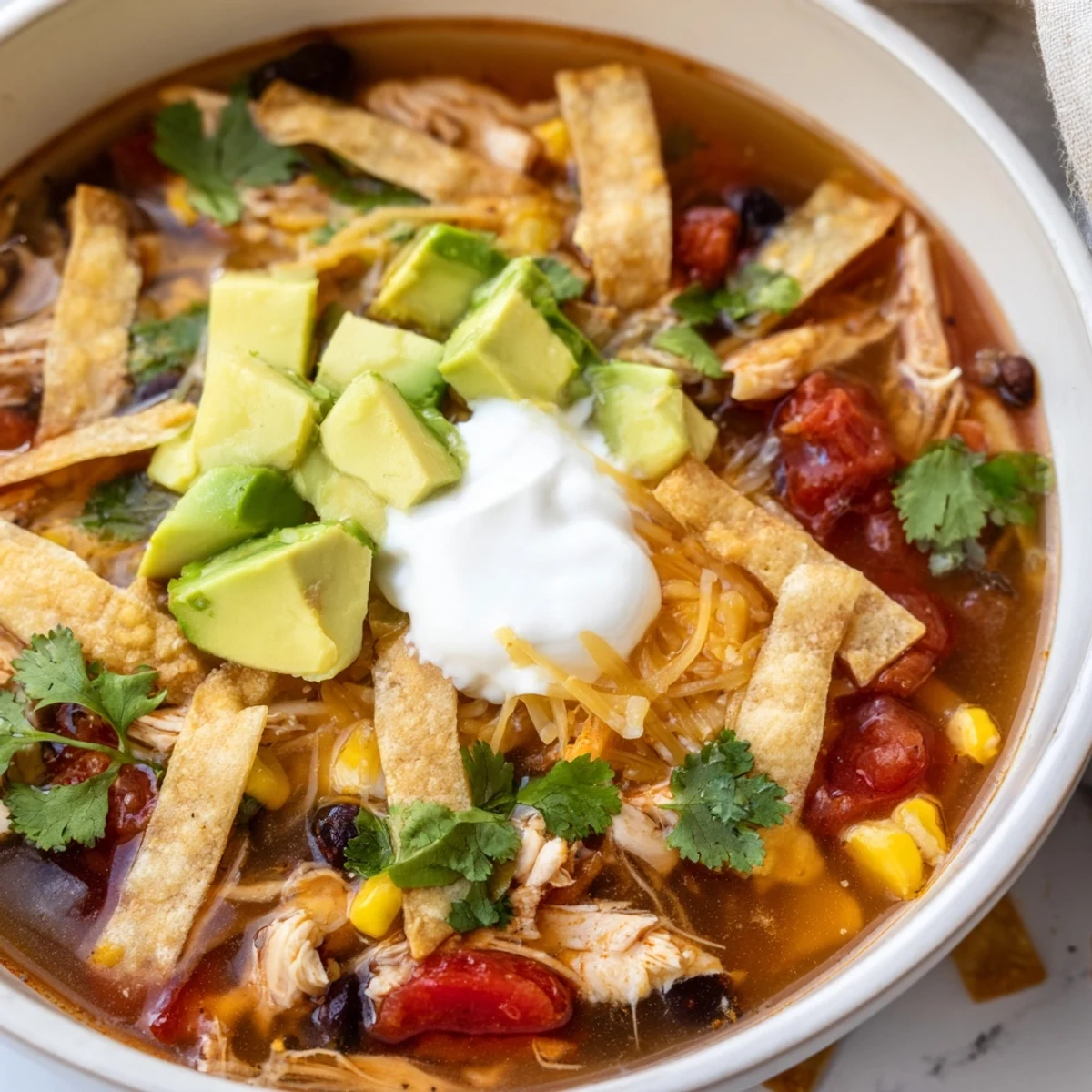 Rustic classic chicken tortilla soup brimming with tender chicken, black beans, corn, and vibrant red bell pepper