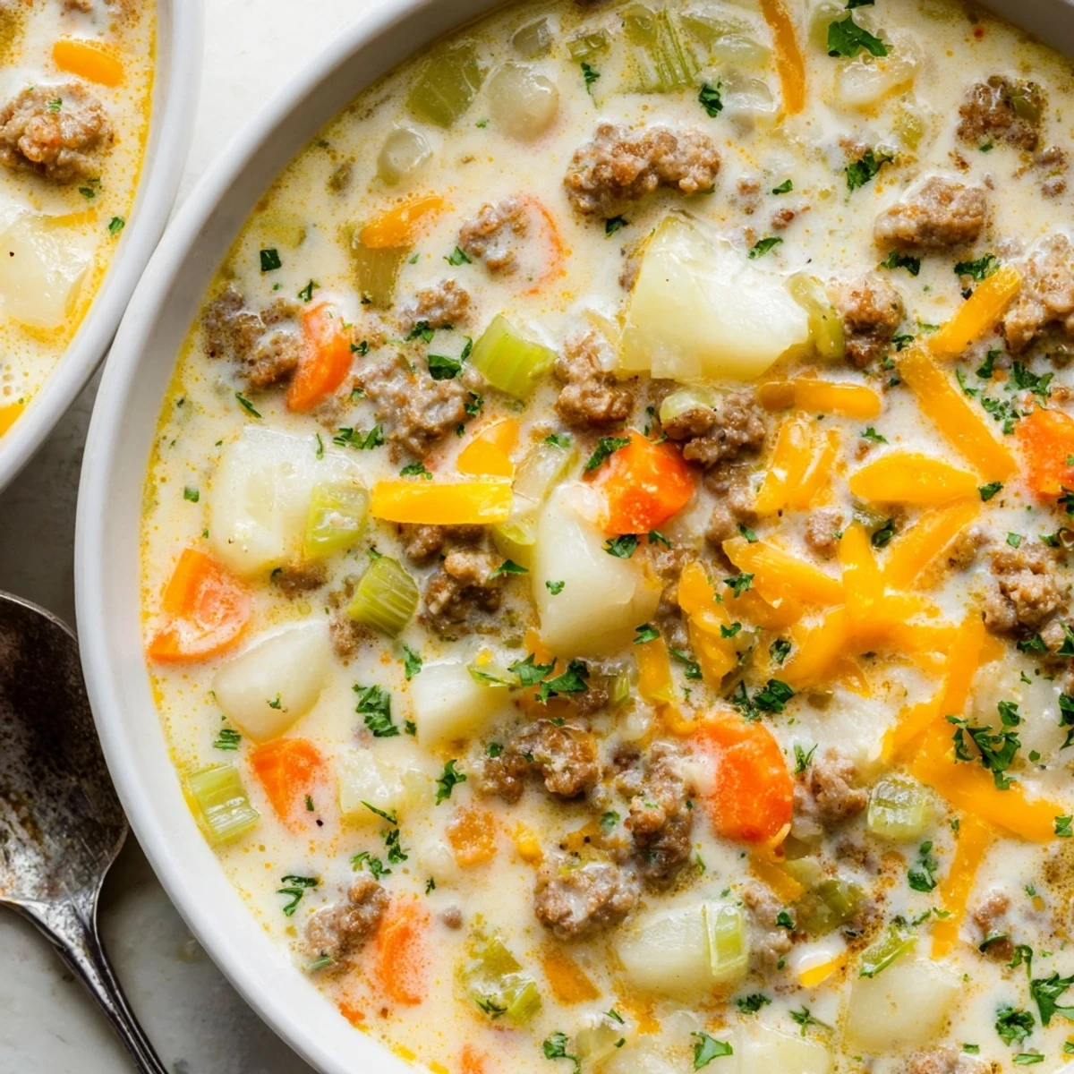 Creamy pork sausage potato soup garnished with fresh parsley and grated cheddar cheese