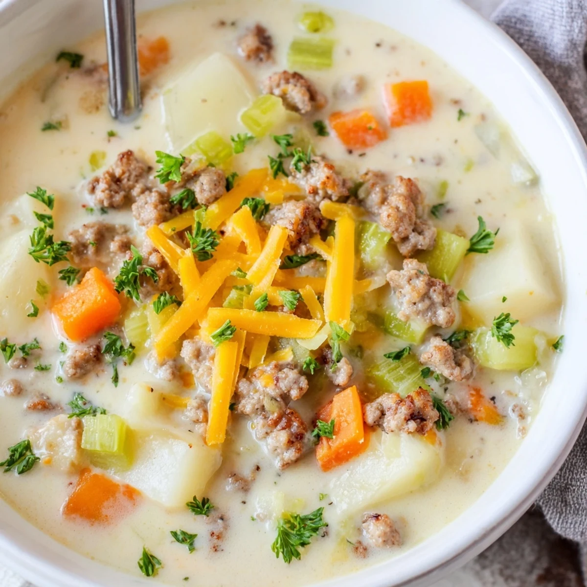 Hearty bowl of simple pork sausage potato soup with tender vegetable chunks and savory broth