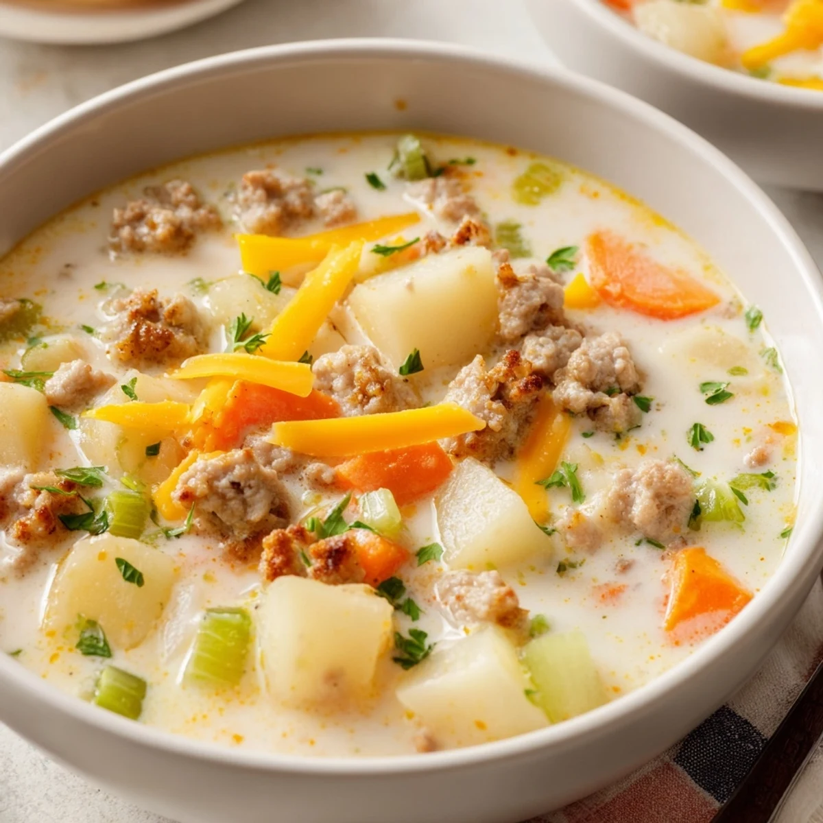 Steaming simple pork sausage potato soup featuring chunky potatoes and browned sausage in a rustic bowl