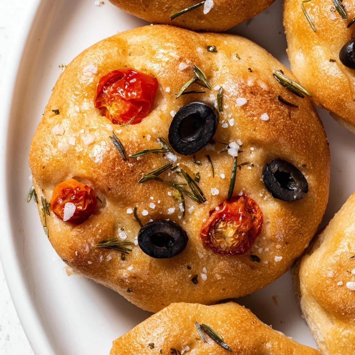 Golden brown crispy mini focaccia topped with fresh rosemary and flaky sea salt