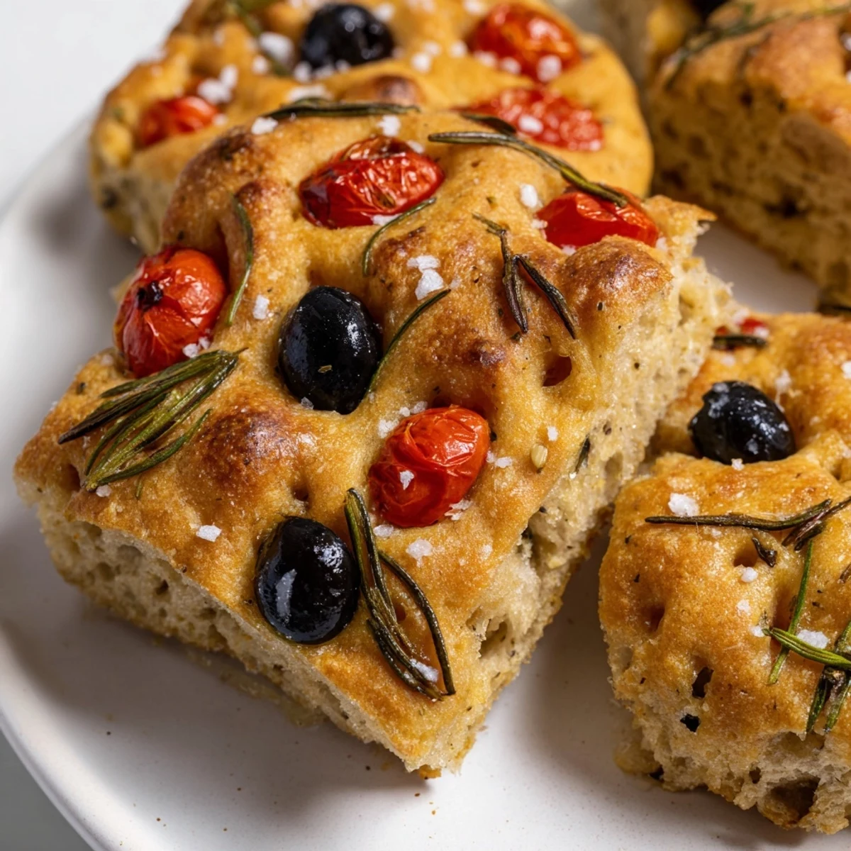 Warm oven-baked mini focaccia with dimpled crust and aromatic herbs, ready for serving