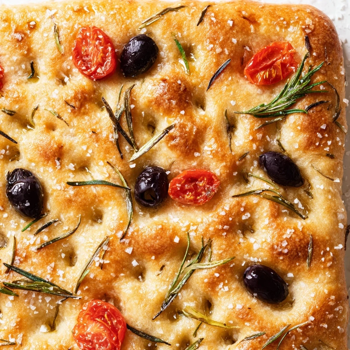 Bite-sized Italian focaccia bread with cherry tomatoes and olives on a wooden board