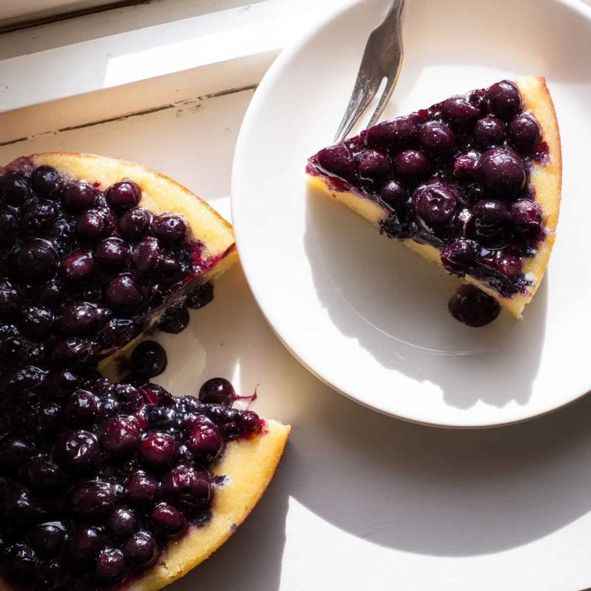Golden blueberry upside down cake with caramelized fruit topping served on white plate