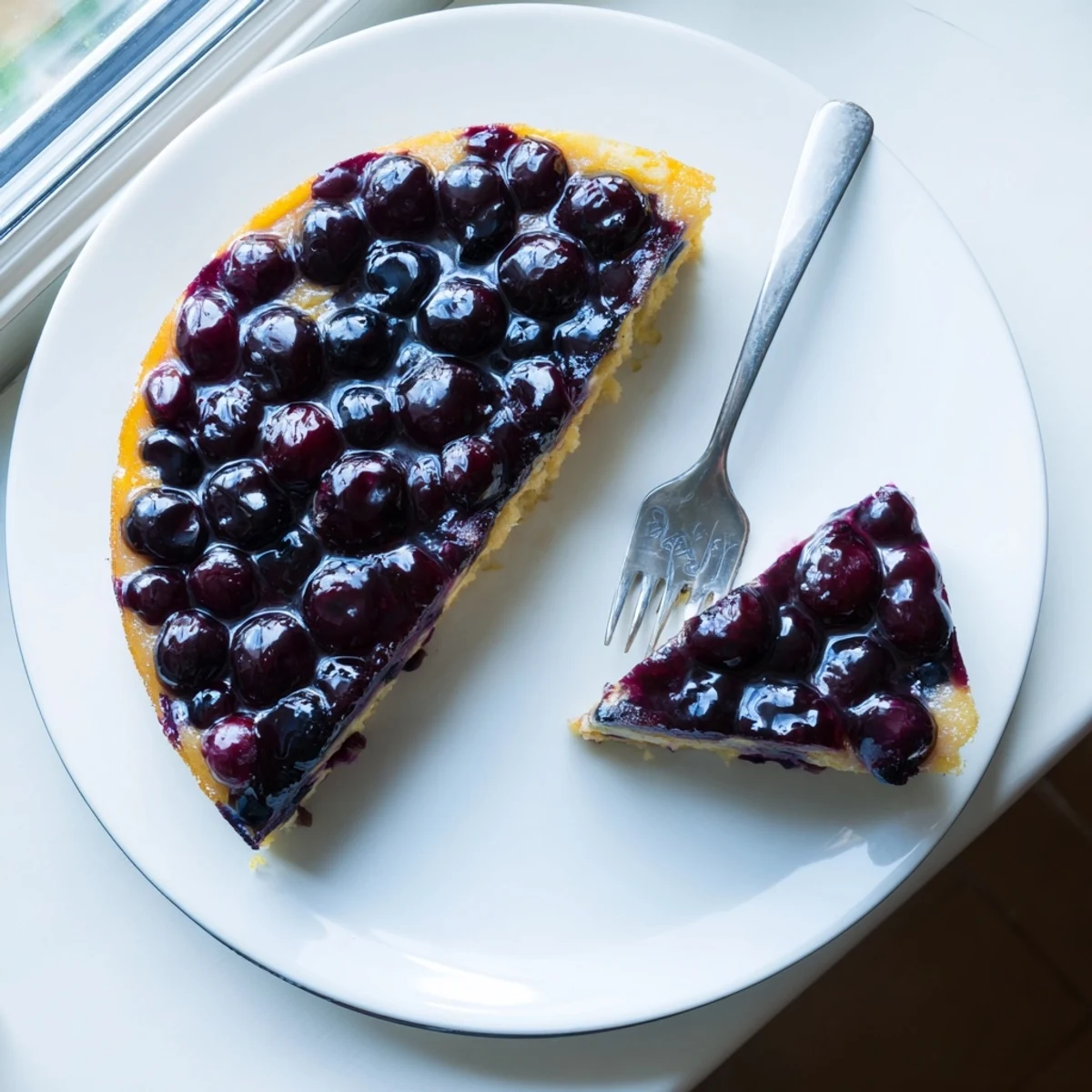 Moist blueberry upside down cake slice revealing juicy purple berries throughout the tender crumb