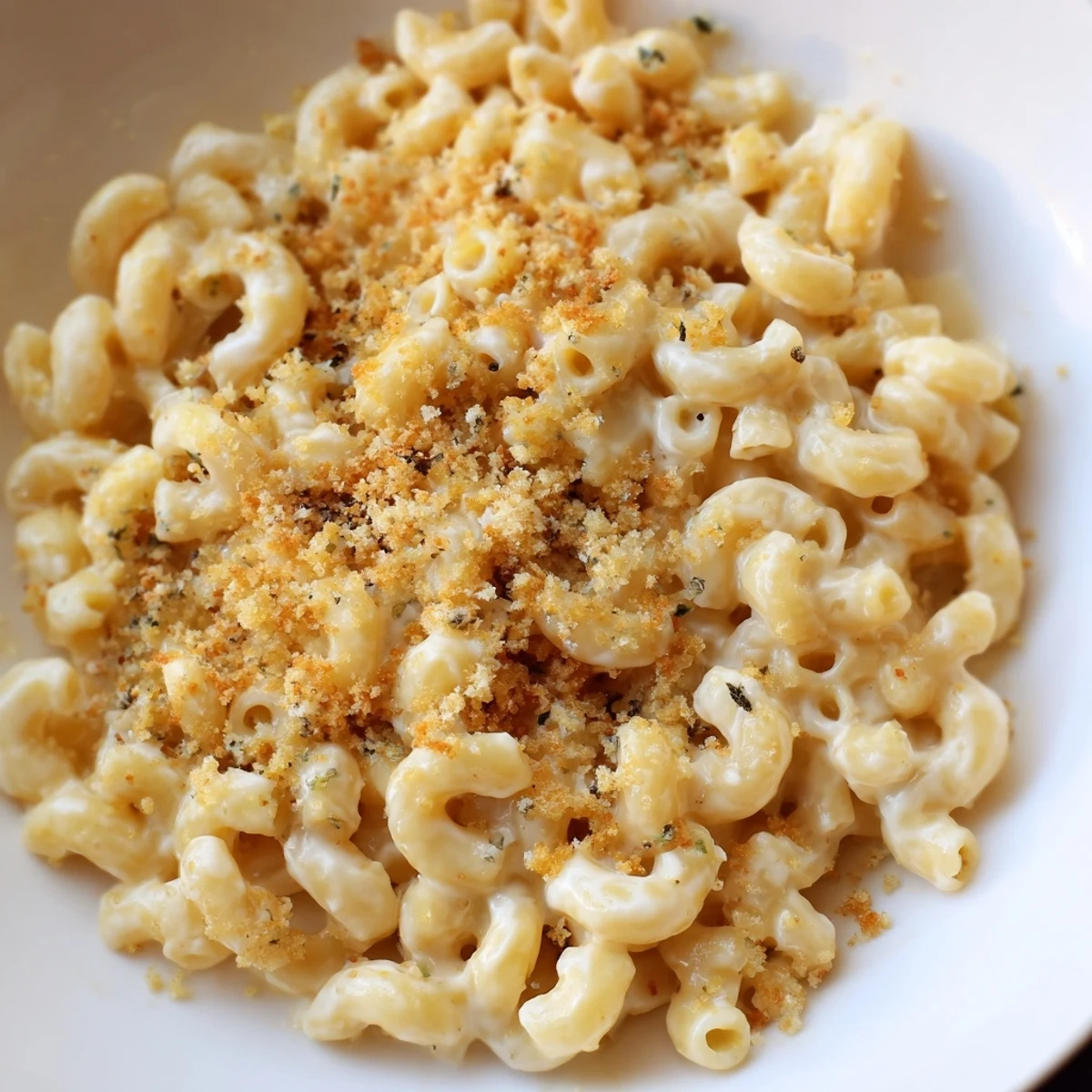 Golden baked Boursin mac and cheese topped with crispy panko breadcrumbs and fresh parsley garnish