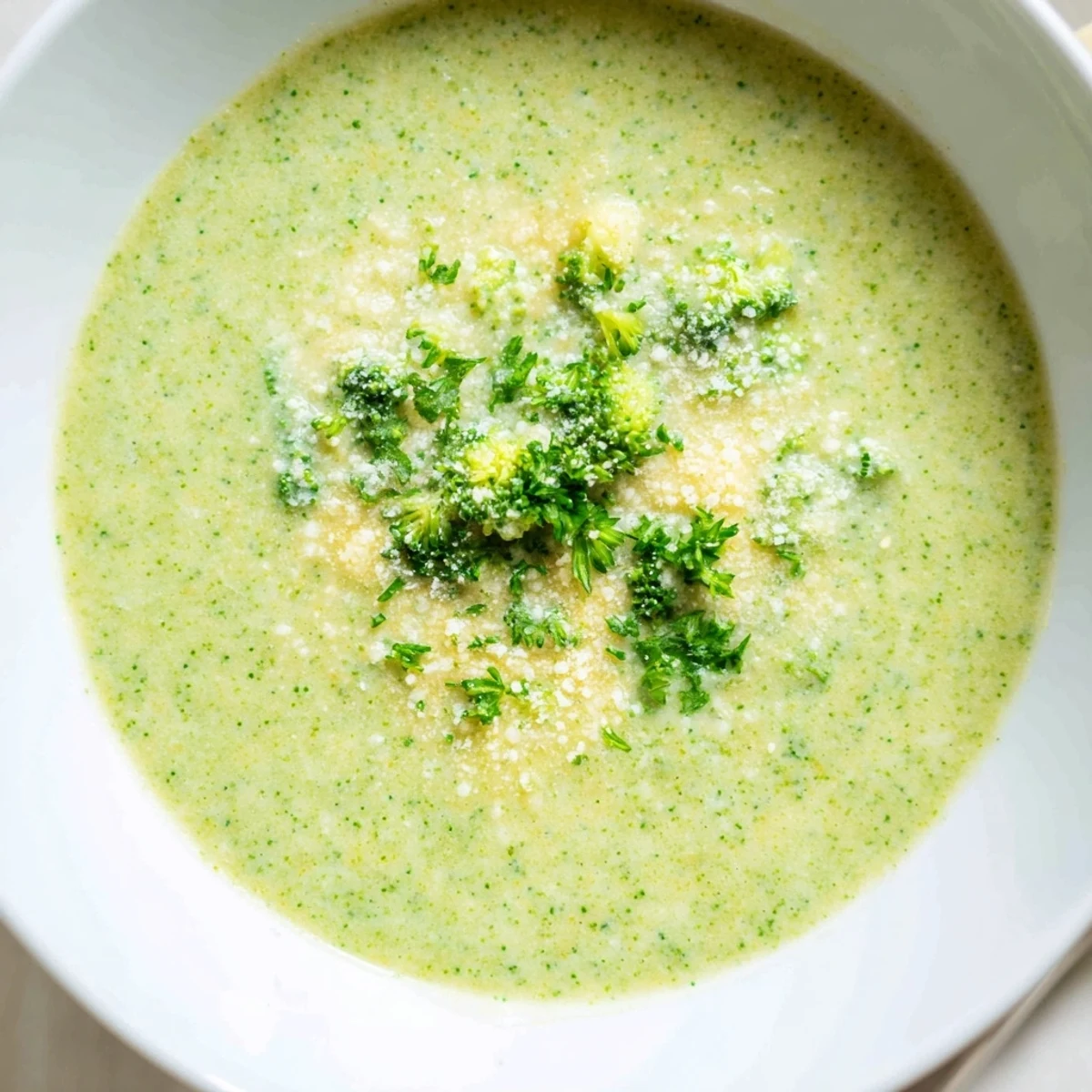 Creamy homemade Italian broccoli soup garnished with grated Parmesan and fresh herbs in a white bowl