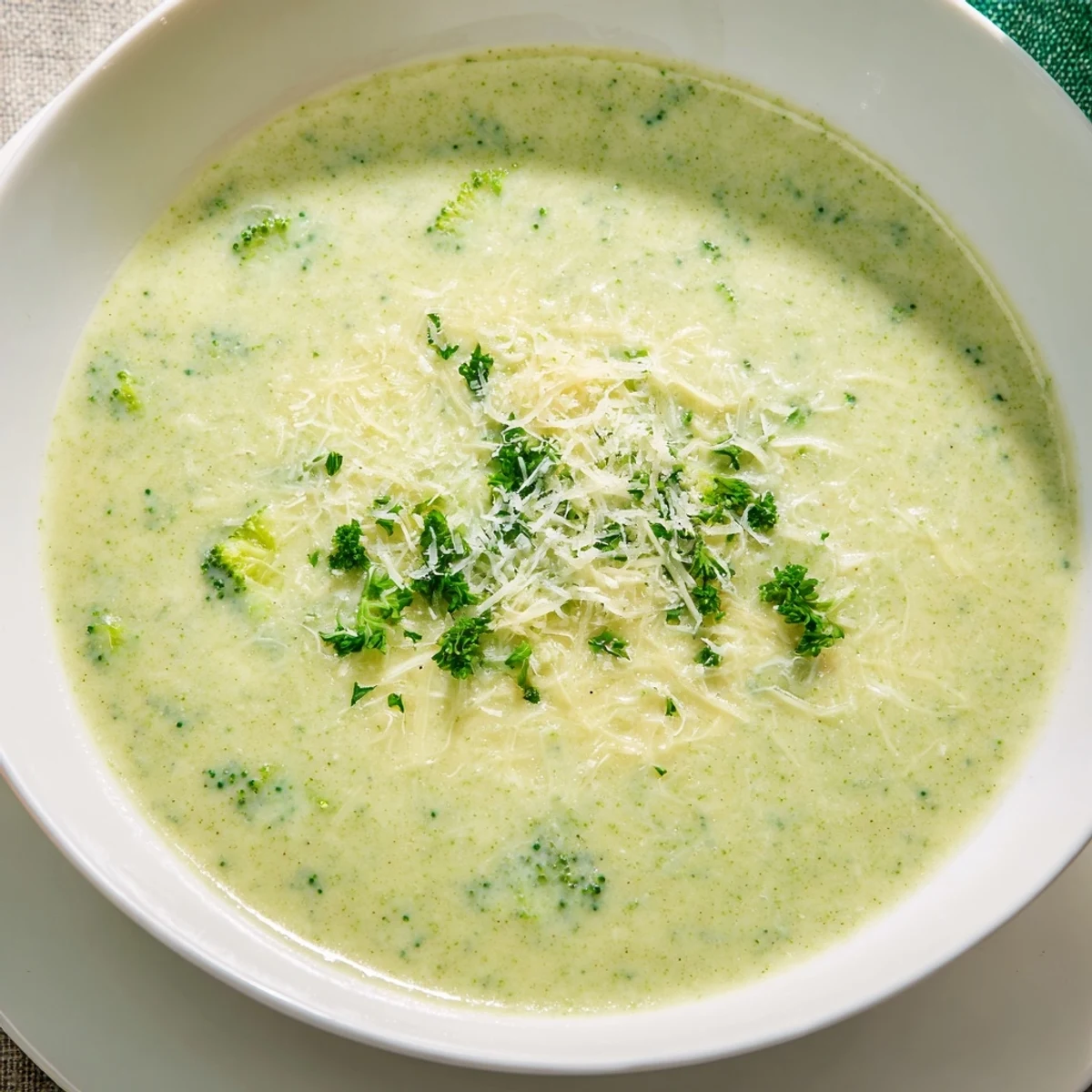 Velvety green homemade Italian broccoli soup drizzled with olive oil and served with crusty bread