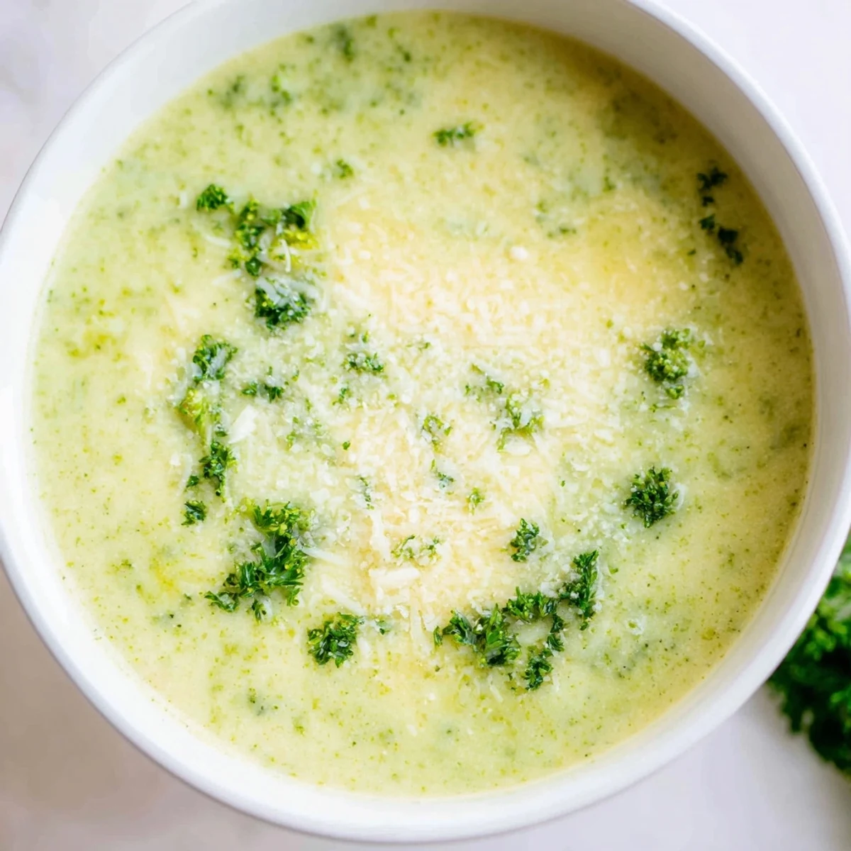 Steaming bowl of homemade Italian broccoli soup topped with parmesan and chopped parsley for a comforting meal