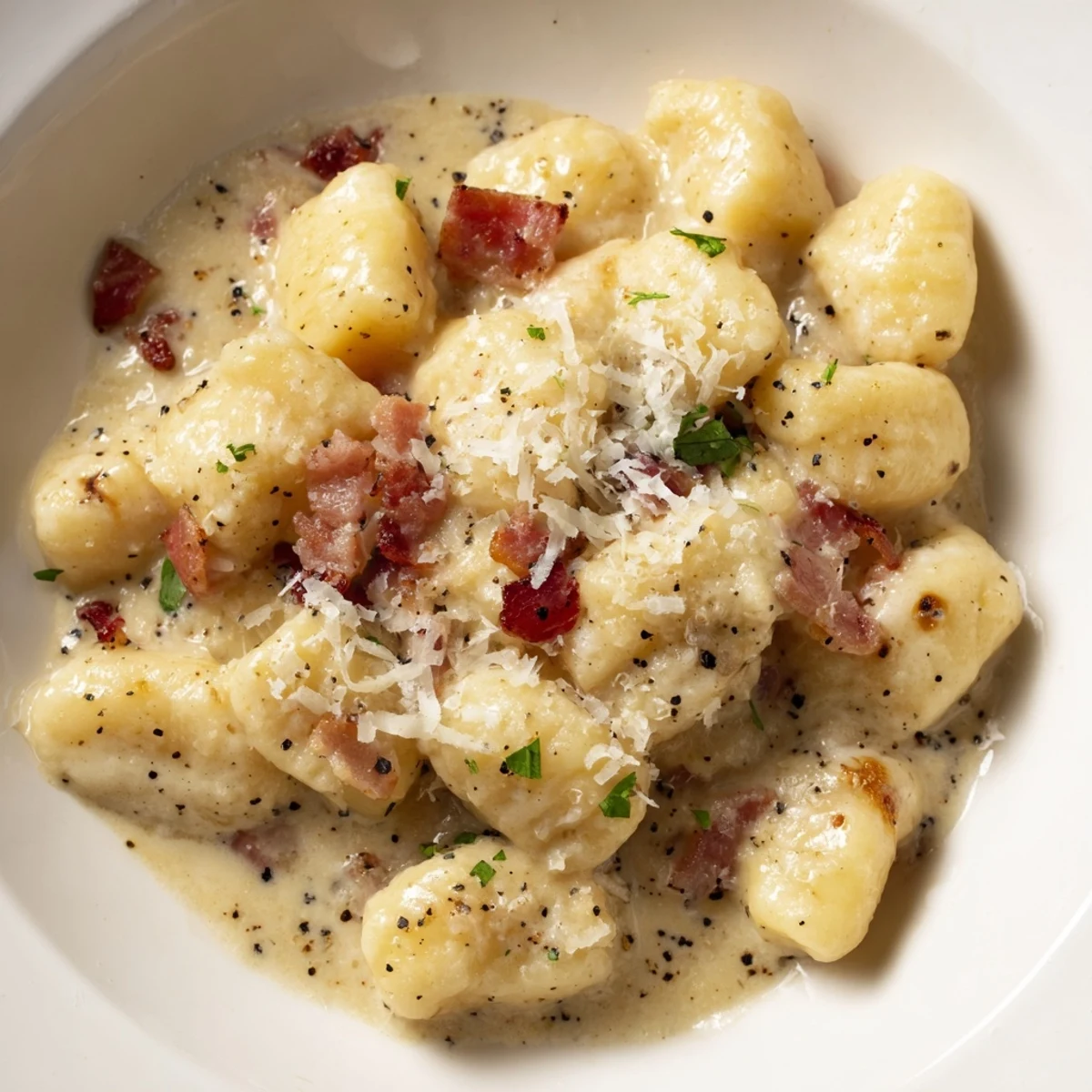 Gnocchi Carbonara with bacon and Parmesan plated in a creamy white sauce with crispy pancetta bits scattered over pillowy potato dumplings