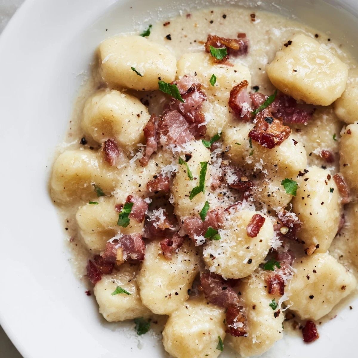 Golden potato gnocchi coated in silky carbonara sauce topped with crispy bacon and freshly grated Parmesan cheese on a white plate