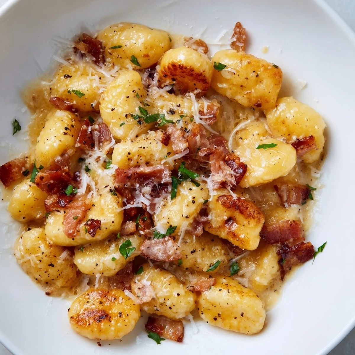 Steaming bowl of Gnocchi Carbonara featuring tender potato dumplings tossed with crispy bacon in a rich Parmesan cream sauce garnished with parsley