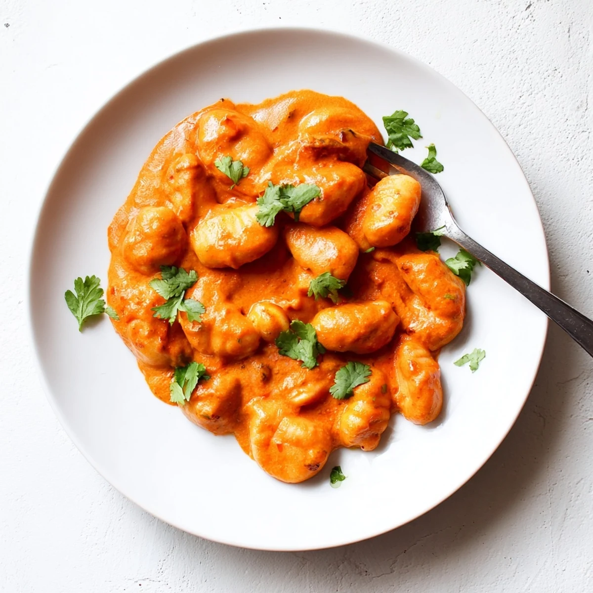 Creamy tikka masala gnocchi plated in a rich orange spiced sauce garnished with fresh green cilantro
