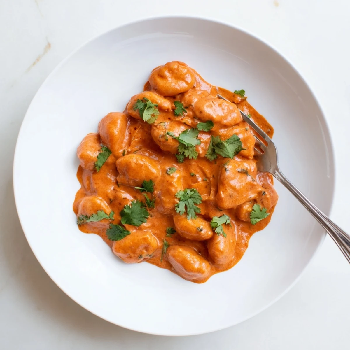 Pillowy potato gnocchi coated in aromatic Indian tomato cream sauce served in a white ceramic bowl
