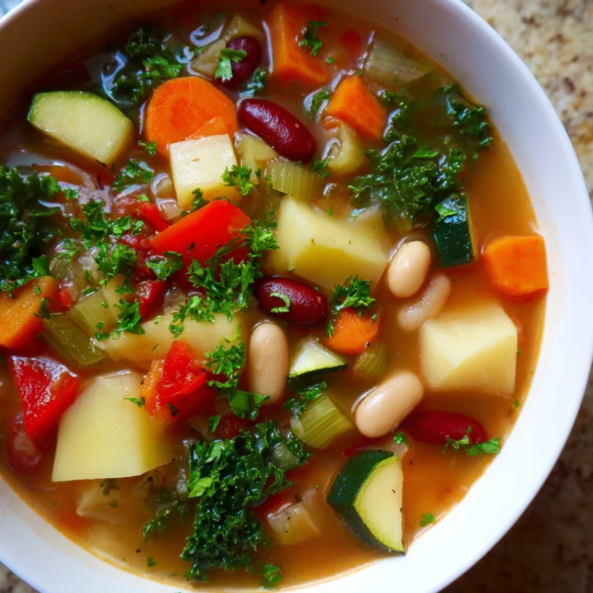 Rustic pot filled with tender vegetables, beans, and kale simmering in rich tomato broth