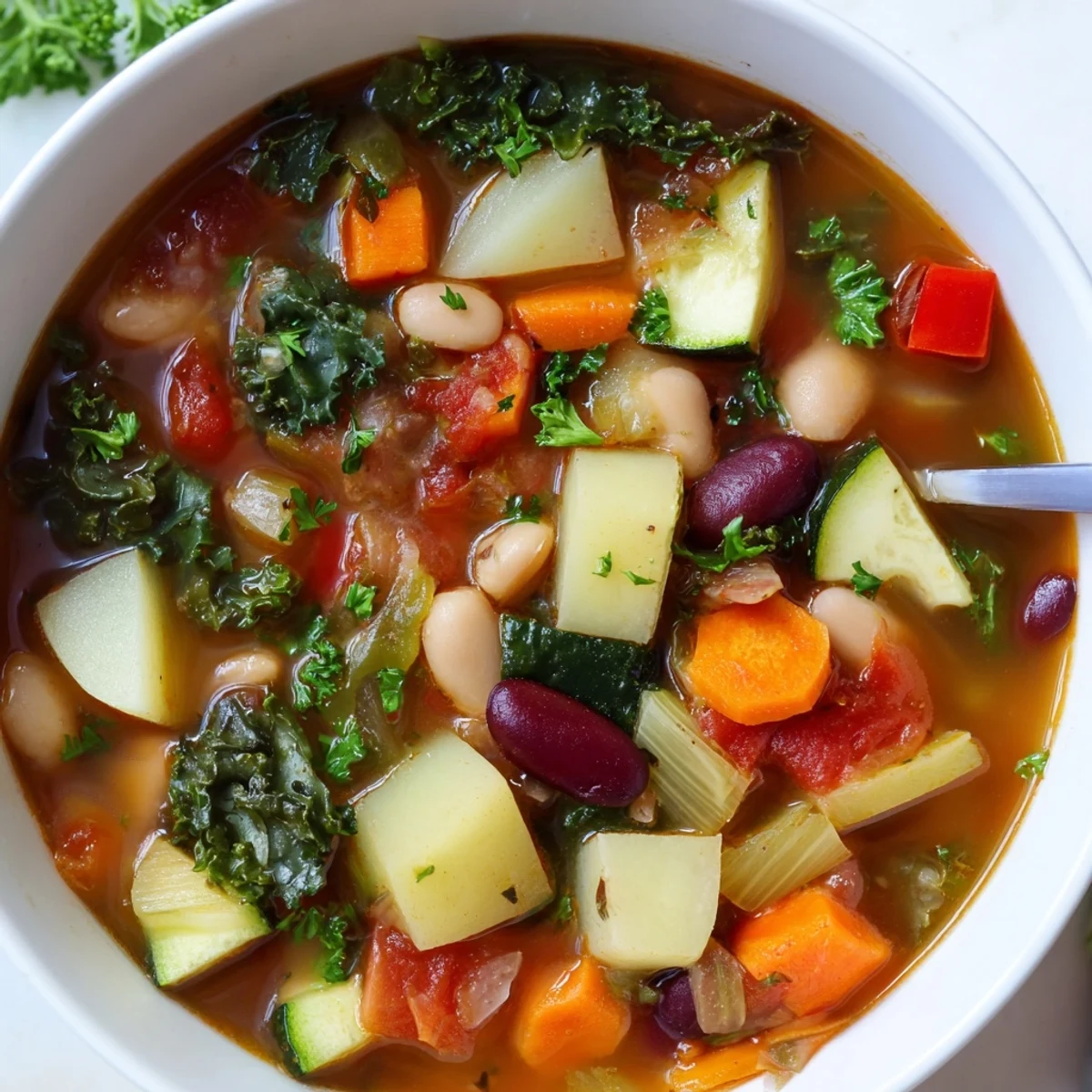 Steaming bowl of hearty vegetable and bean soup garnished with fresh parsley and crusty bread