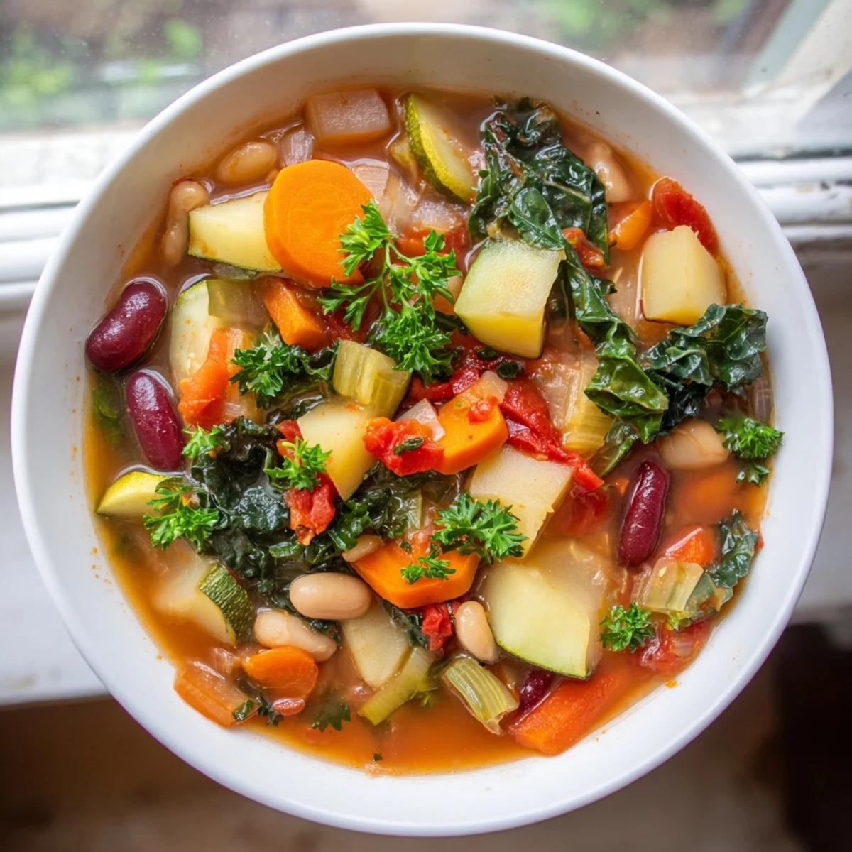 Spoon lifting colorful medley of potatoes, carrots, and beans from hearty vegetable and bean soup