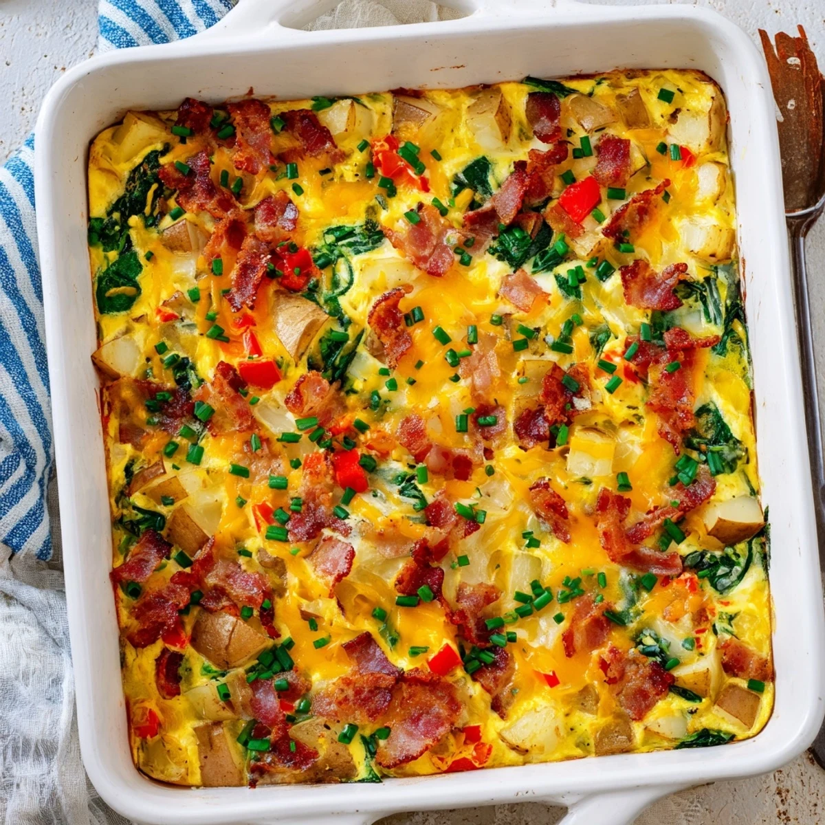 Golden cheesy brekkie bake for dinner with crispy bacon and fluffy eggs