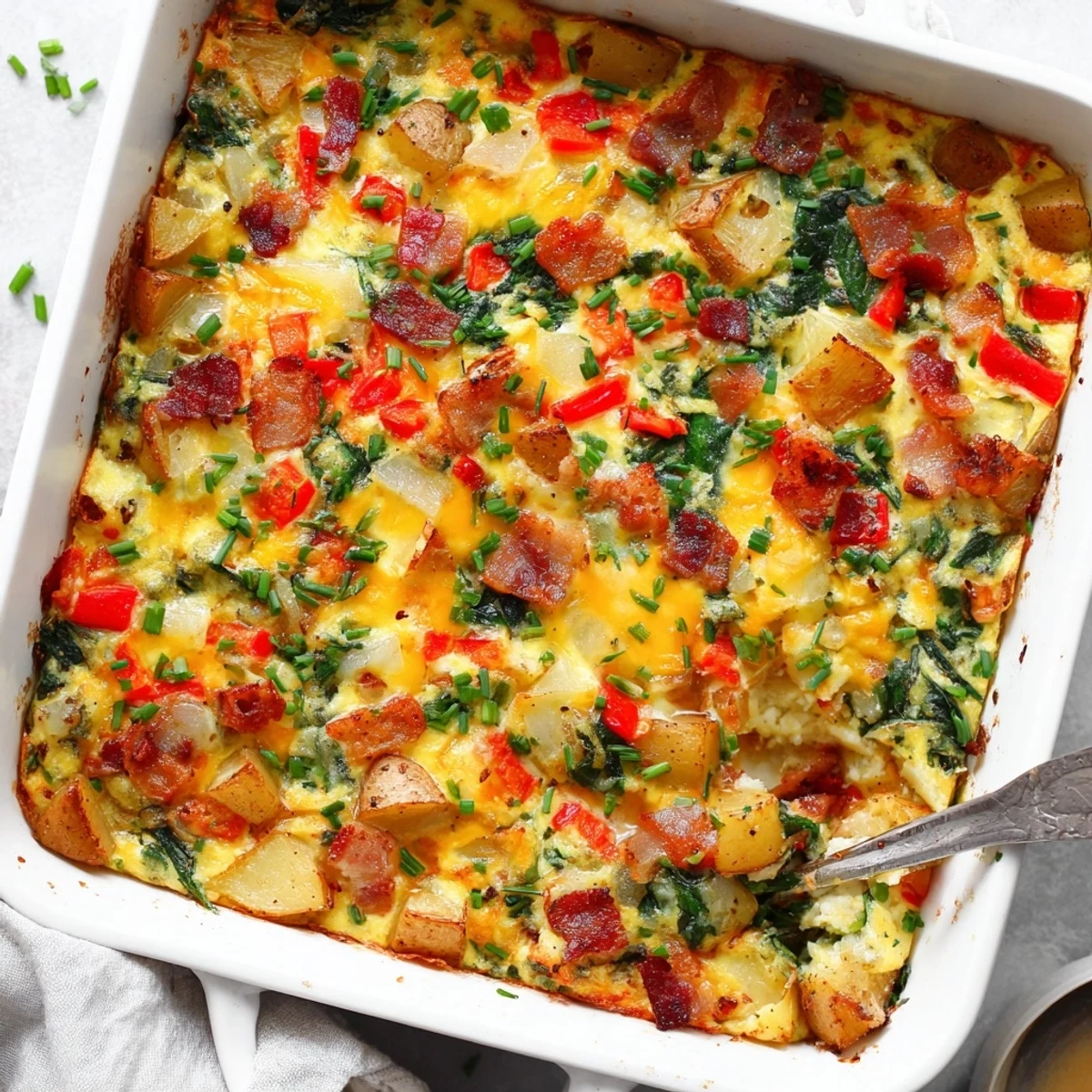 Hearty breakfast casserole baked for dinner featuring melted cheddar and vegetables