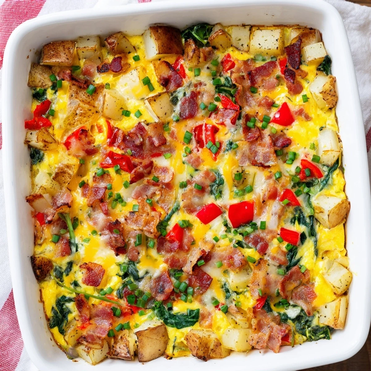 Family-friendly brekkie bake for dinner with eggs, potatoes, and bacon in golden cheese
