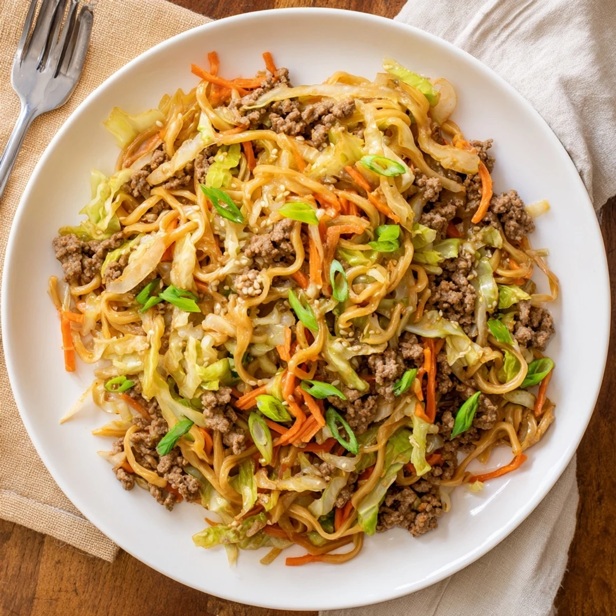 Golden brown ground beef and crisp cabbage stir fry served in a white bowl garnished with fresh green onions