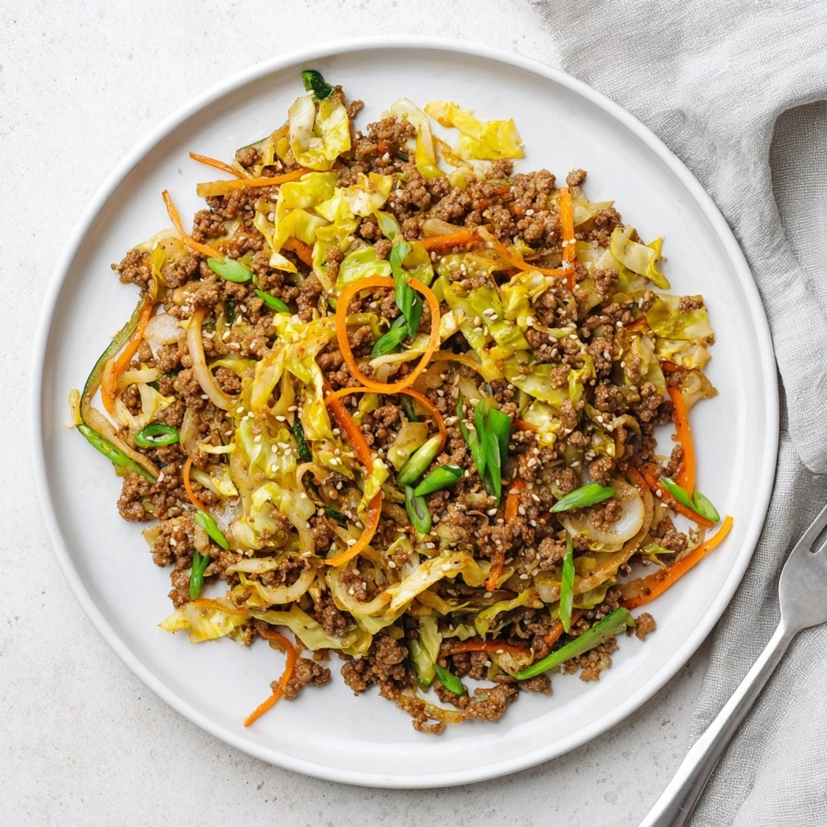 Quick ground beef and cabbage stir fry plated with fluffy white rice and sesame seed sprinkle