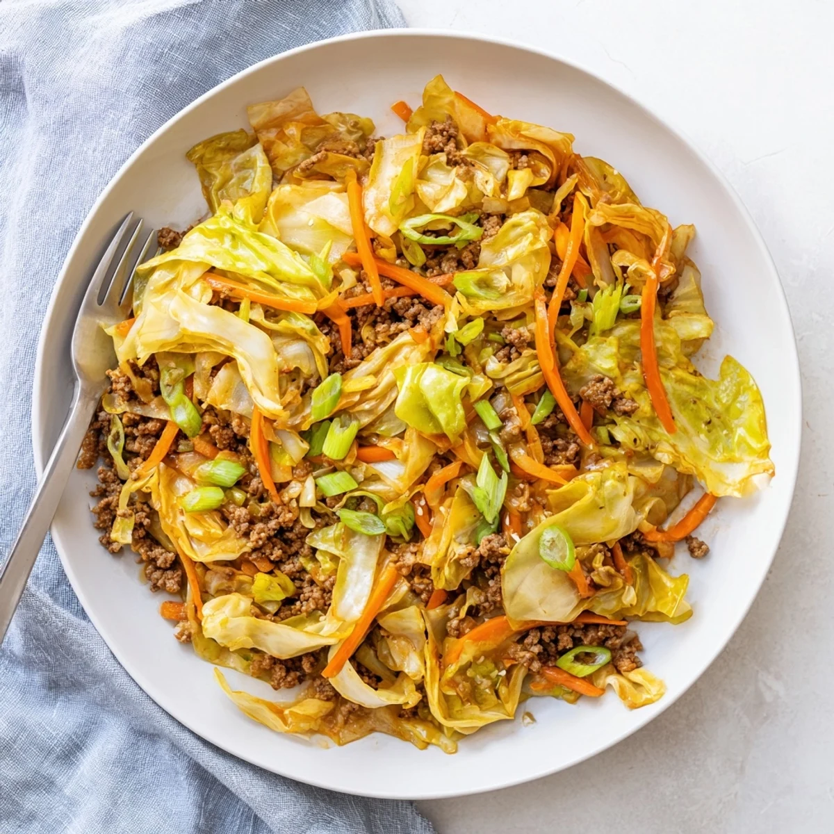 Tender ground beef and cabbage stir fry sizzling in a dark wok with vibrant shredded carrots