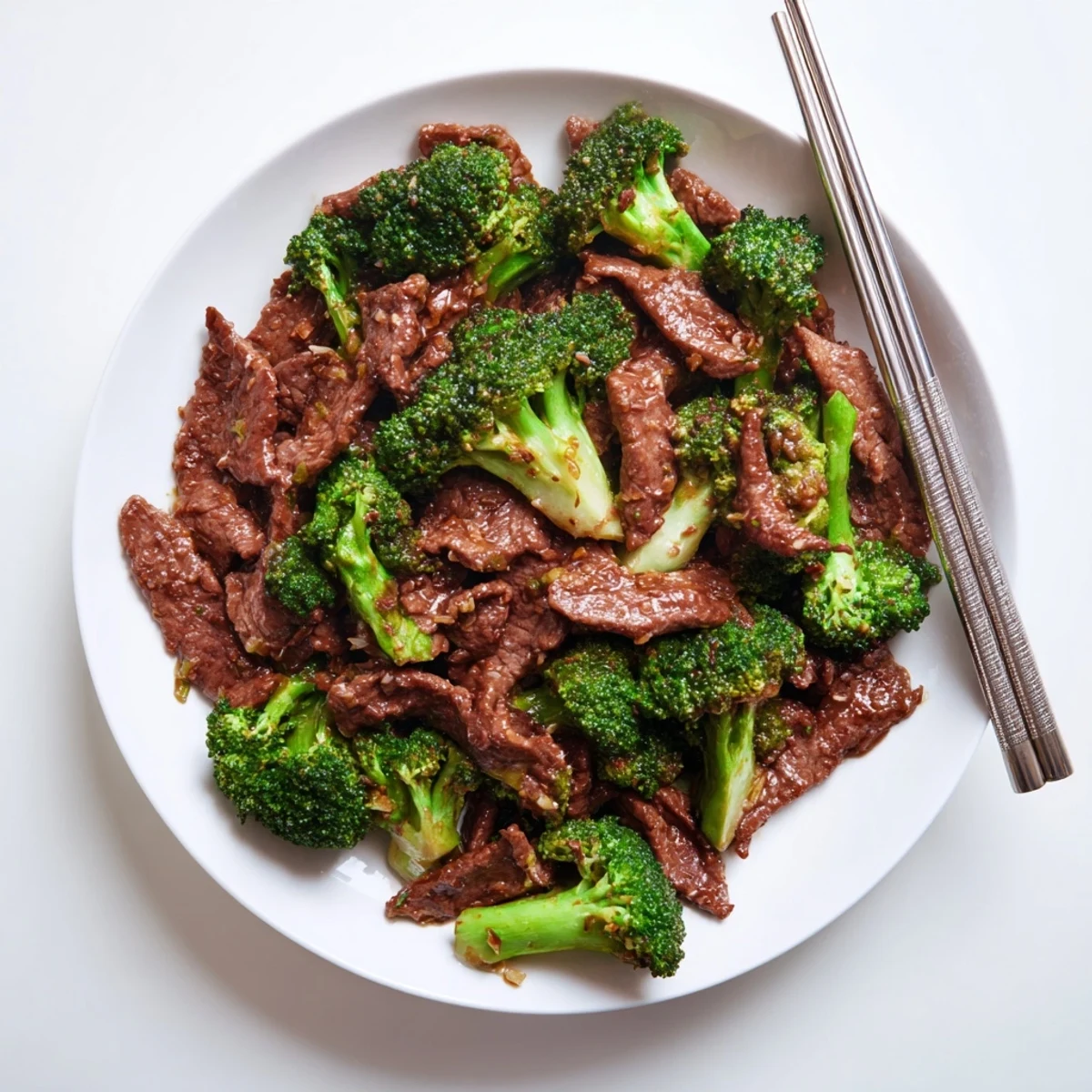Tender beef and broccoli stir-fry glistening with savory garlic sauce over white rice