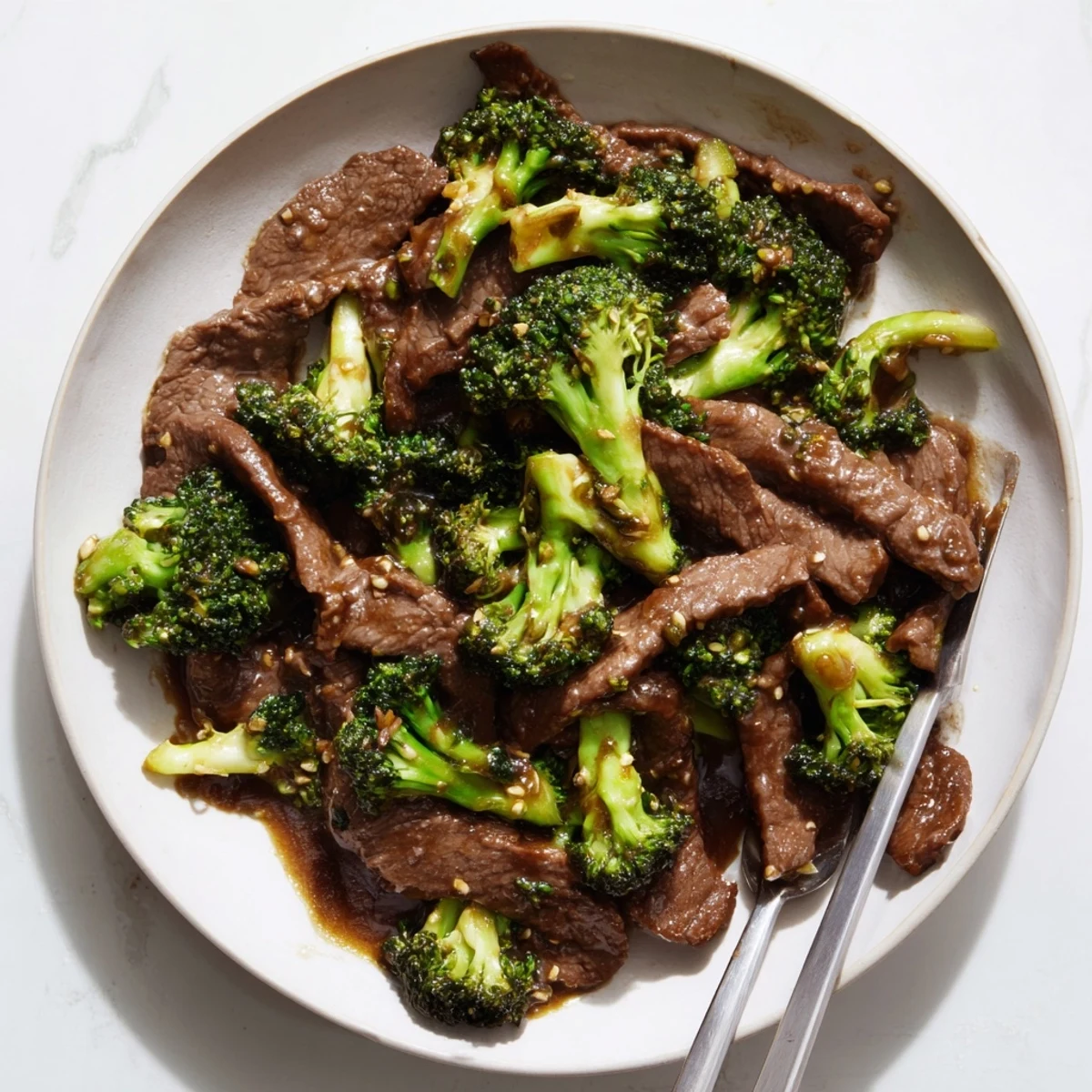 Crisp broccoli florets and sliced flank steak tossed in a rich brown glaze