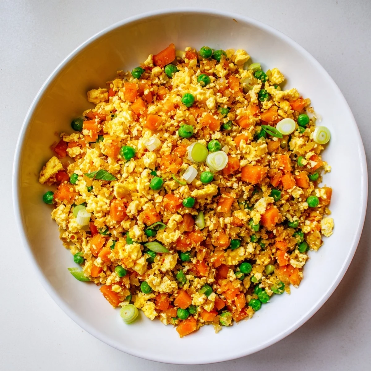 Golden cauliflower fried rice scattered with colorful vegetables and scrambled egg pieces in a large white bowl.