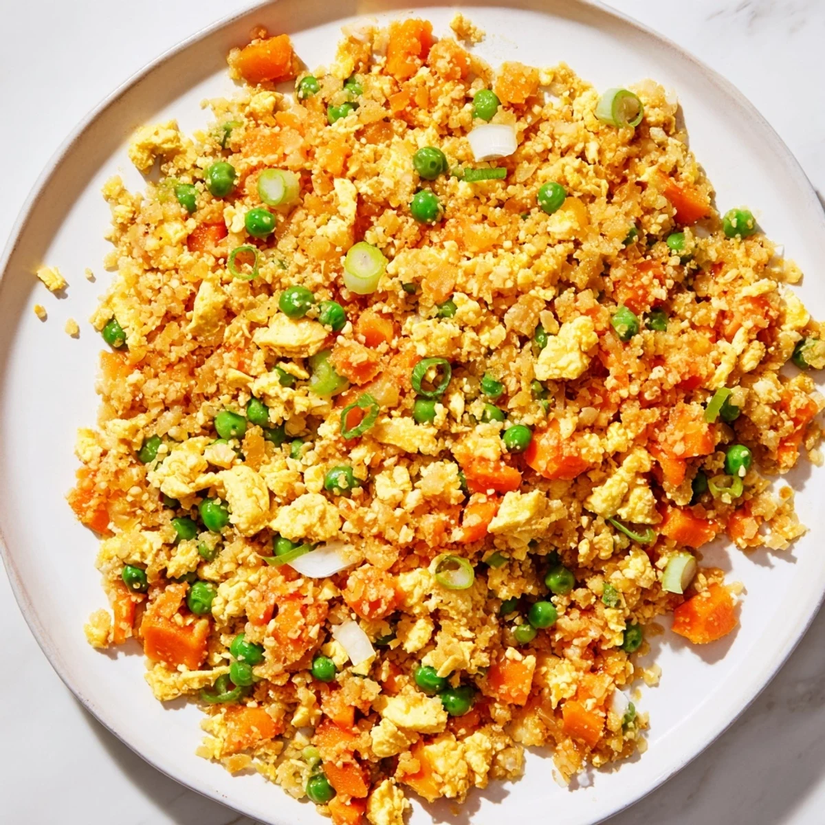 Vibrant low carb cauliflower fried rice with peas, carrots, and green onions garnish on a rustic wooden table.