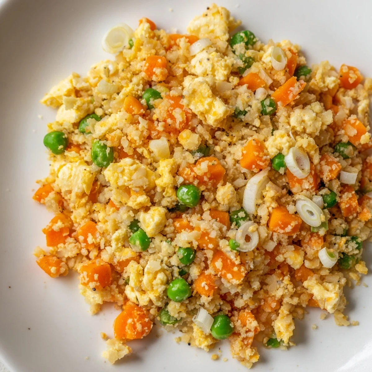 Steaming Asian-inspired cauliflower fried rice topped with fresh scallions served family style in a dark skillet.