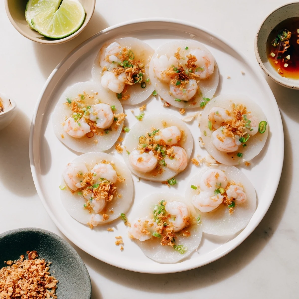 White plate of Banh Beo steamed rice cakes topped with savory pink shrimp and bright green scallion oil