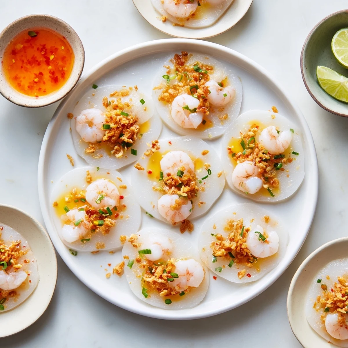 Small delicate Banh Beo Vietnamese rice cakes garnished with golden crispy shallots and cooked shrimp pieces