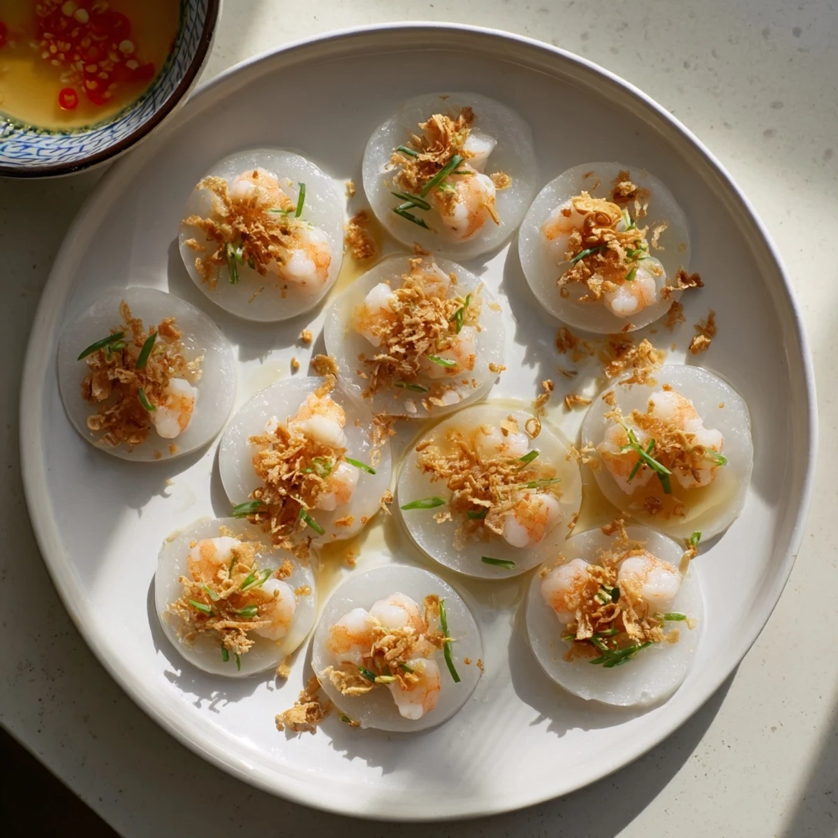 Individual portions of Banh Beo appetizer arranged on serving dish with shrimp topping and scallion drizzle