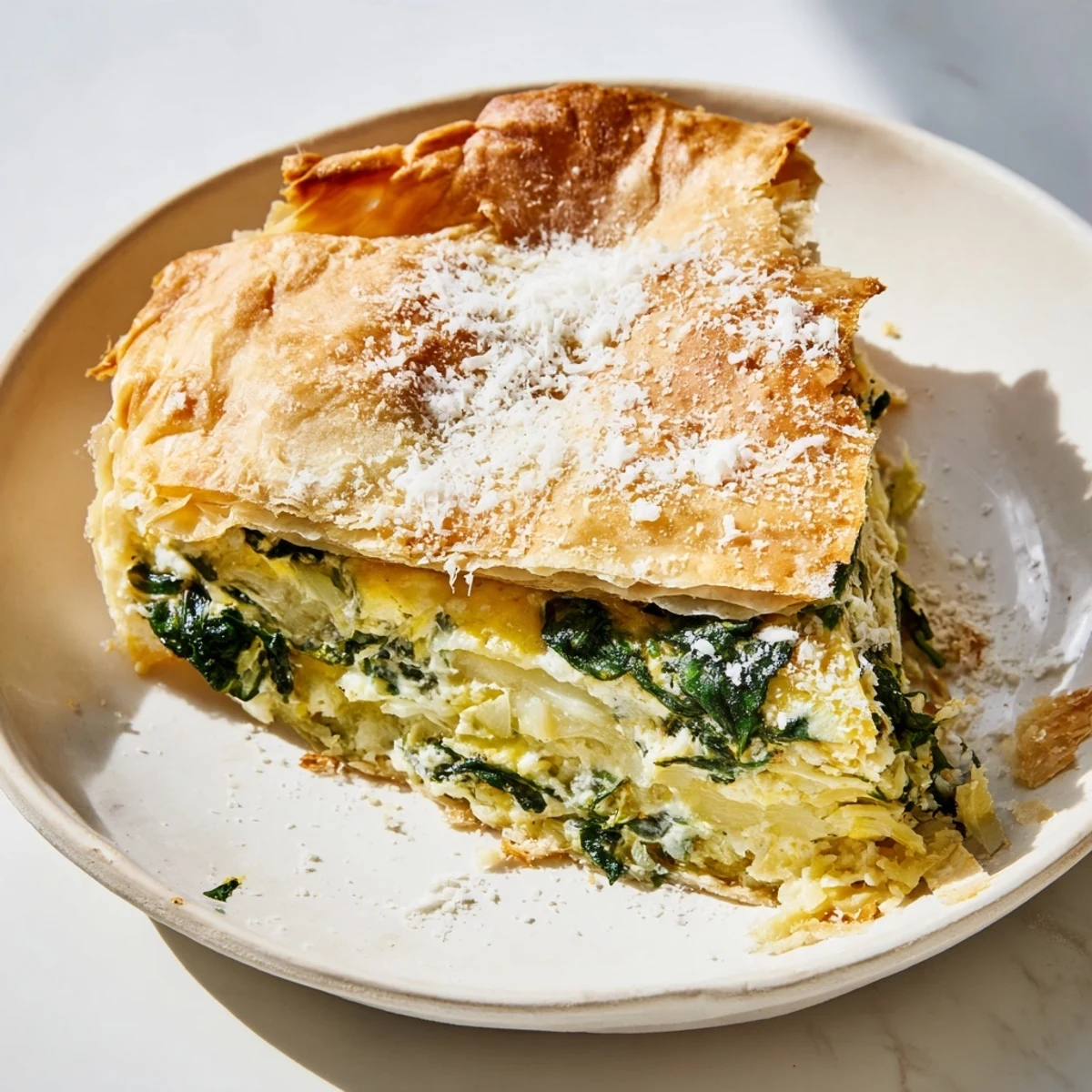 Golden egg pie with silverbeet and ricotta features a flaky buttery crust holding a creamy savory vegetarian filling