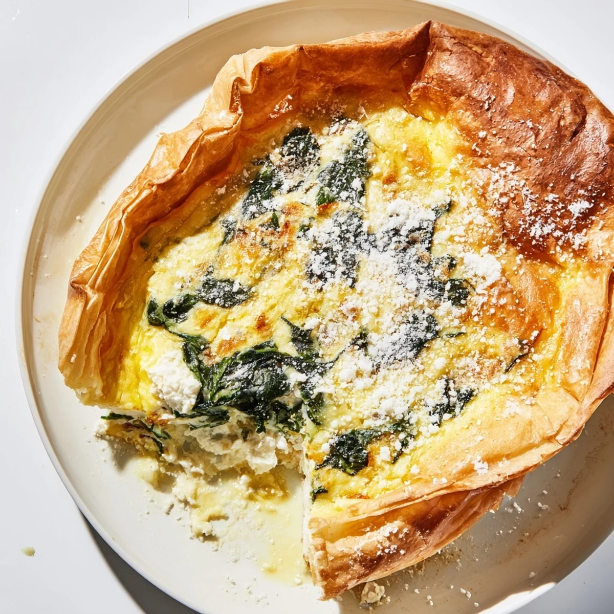 Savory egg pie with silverbeet and ricotta sliced on a white plate alongside fresh green salad for brunch