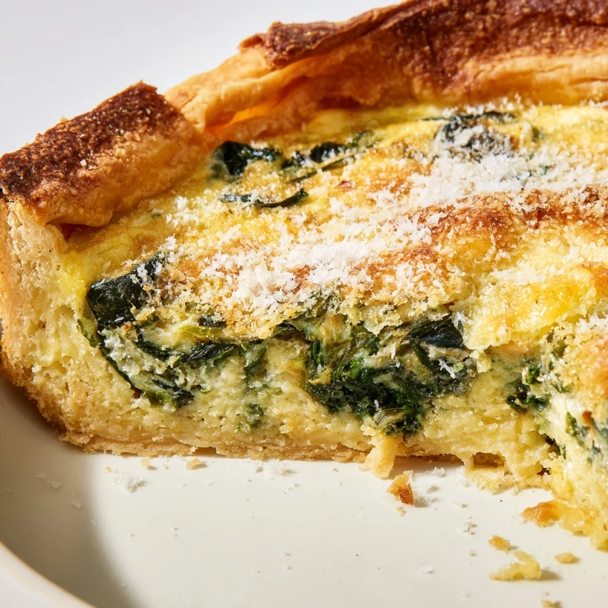 Homemade egg pie with silverbeet and ricotta baked to golden perfection with sprinkled parmesan on the rustic pastry crust