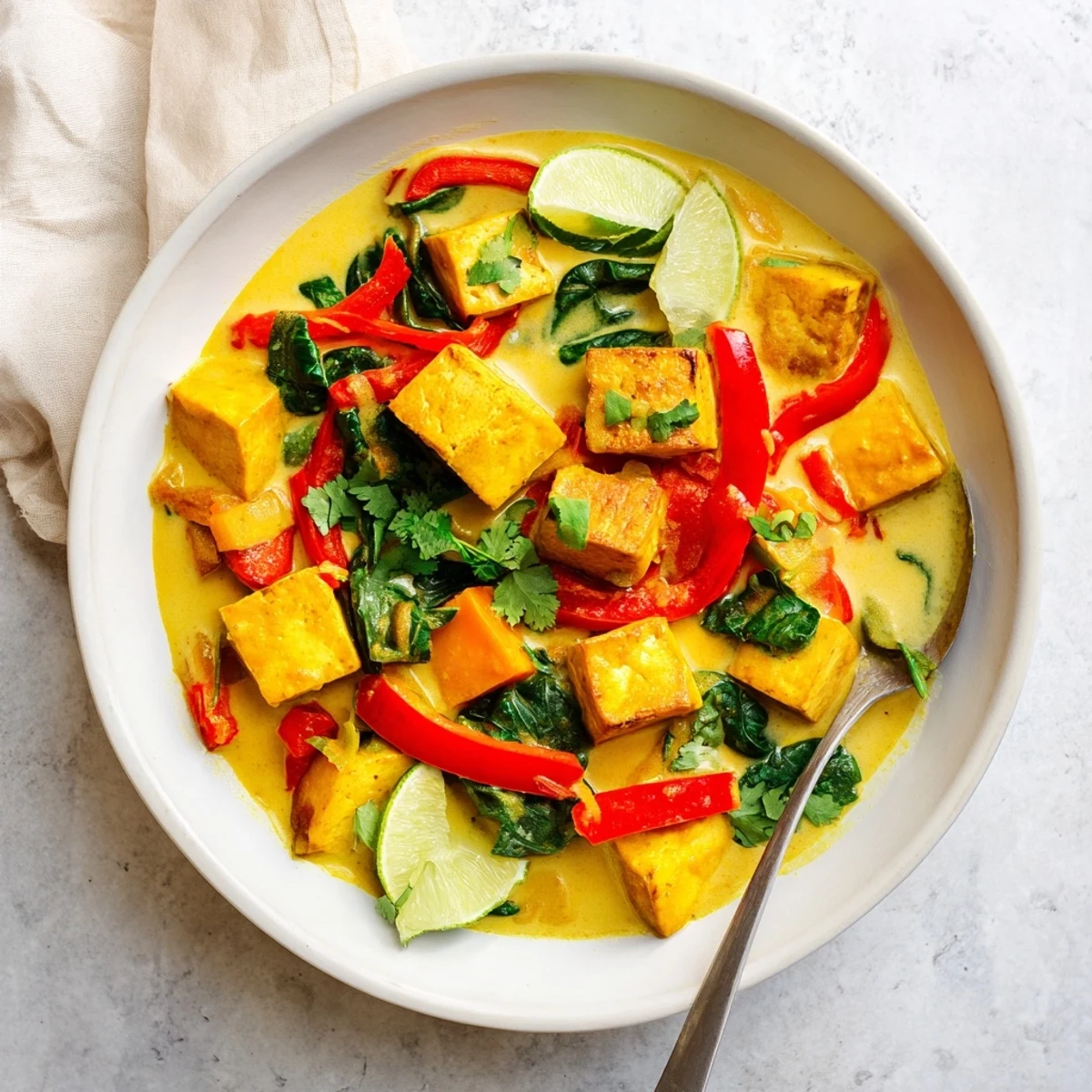 Creamy vegetarian pumpkin tofu curry served steaming in a bowl with tender vegetables and fragrant Indian spices