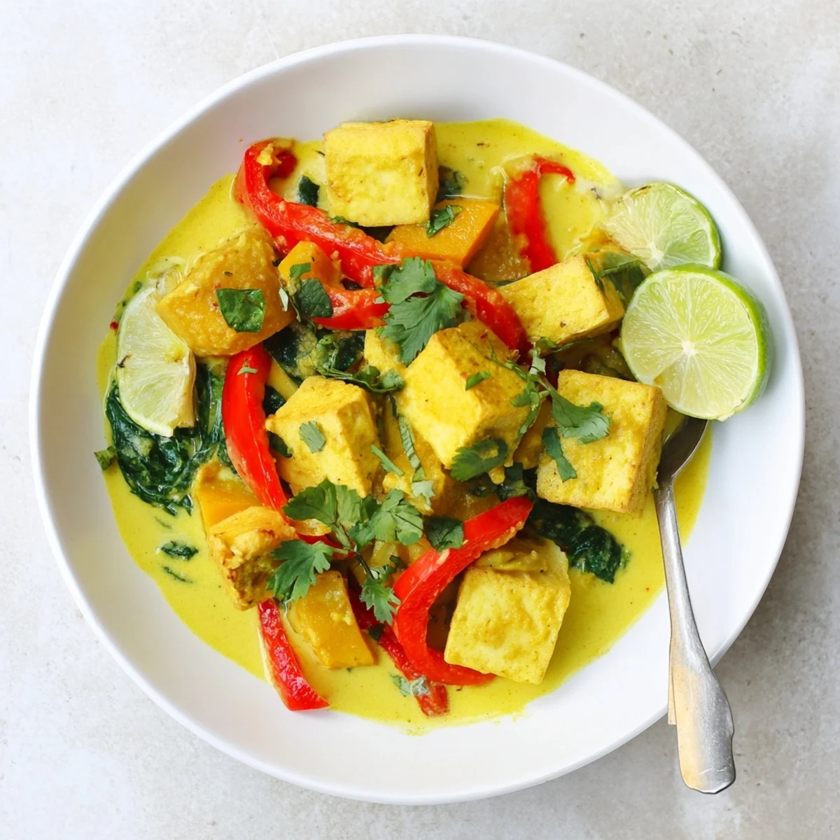 Golden pumpkin cubes and crispy fried tofu simmered in aromatic coconut curry sauce with fresh cilantro garnish