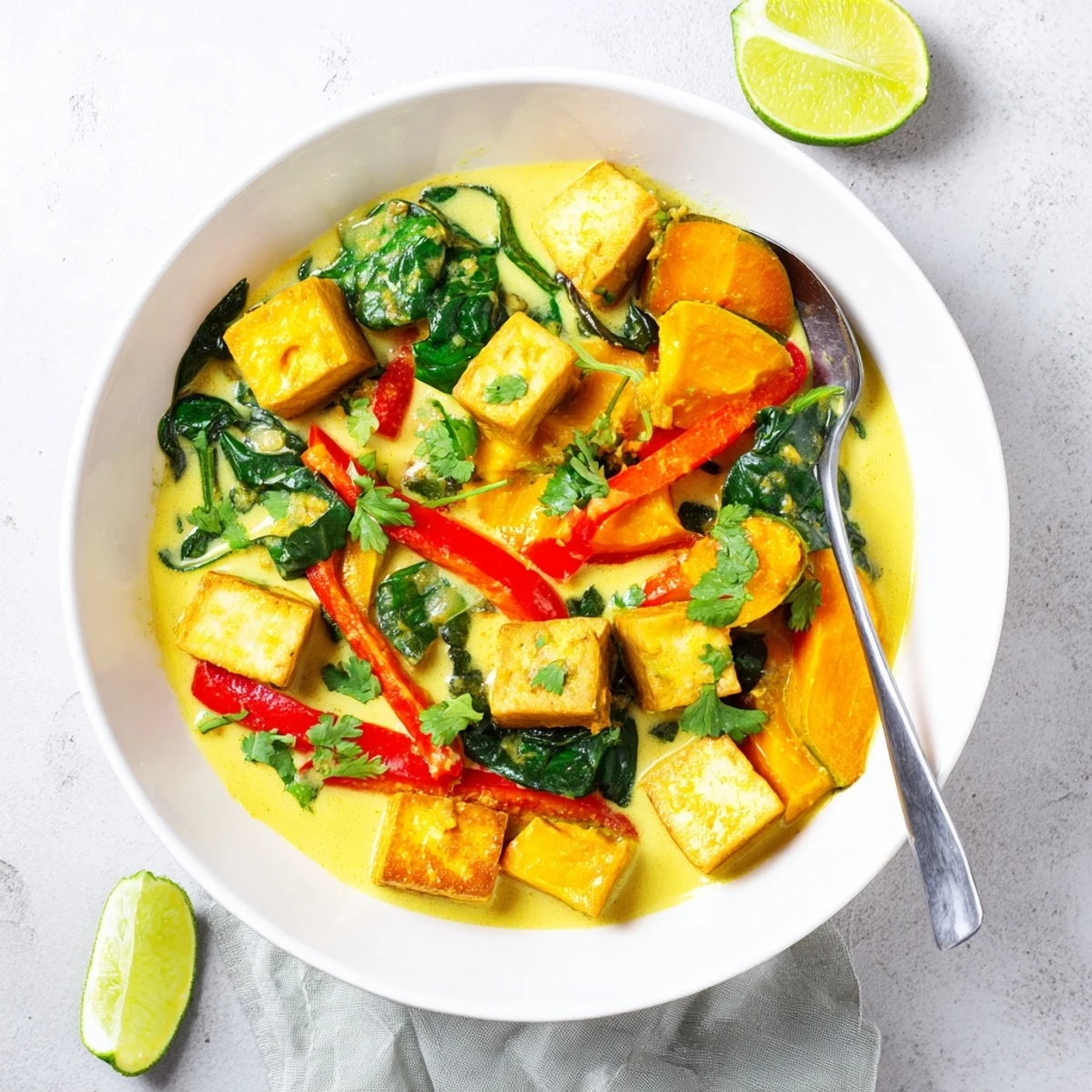 Rich orange curry bowl featuring golden tofu chunks, pumpkin pieces, and wilted spinach topped with fresh lime wedges